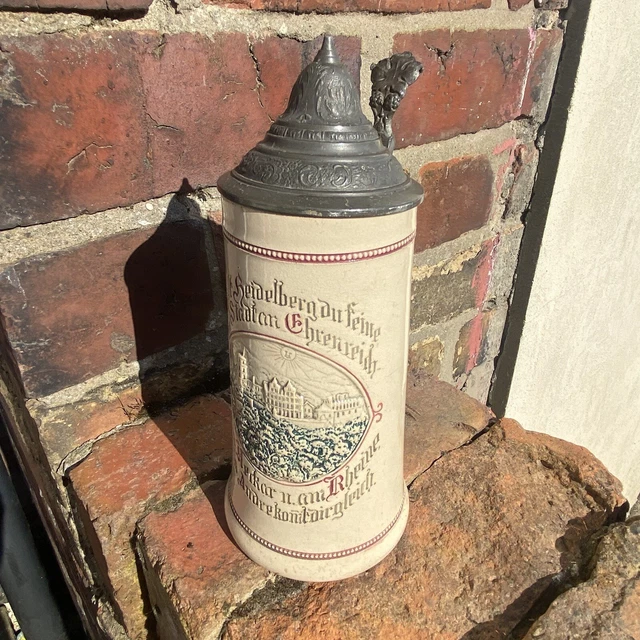 Vintage Stoneware Stein Tankard with Metal Lid, German Scene & Quote