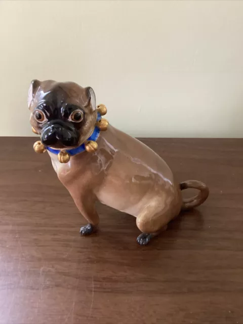 Meissen Porcelain Pug Dog Figurine Mid 19th Century Blue Bow & Bells Has Marking