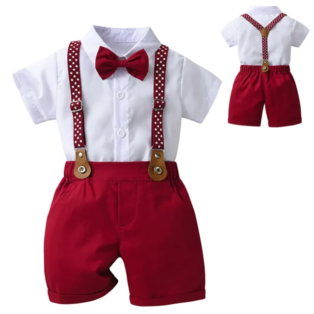 Infant Boys Cotton Gentleman Outfit Shirt with Suspender Shorts Bowtie Birthday