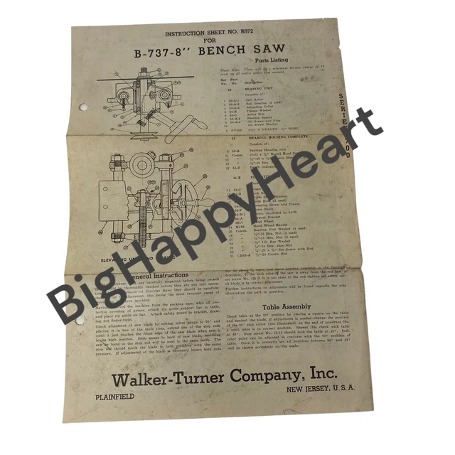B-737-8" BENCH SAW Instruction Sheet BS72 Manual Page Walker-Turner Company