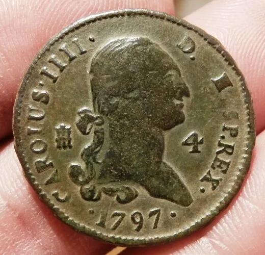 Awesome 1797 PIRATE COB SPANISH 4 Maravedis Colonial Coin CARLOS CHARLES IV