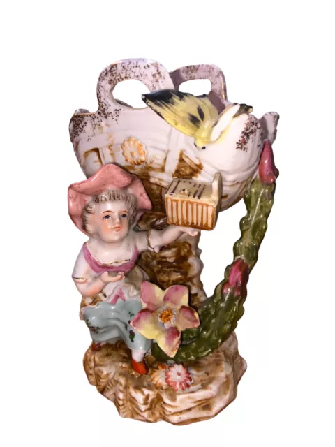 Ucagco China Japan Porcelain Girl Catching Butterfly Planter Vase 6.5” VTG Read