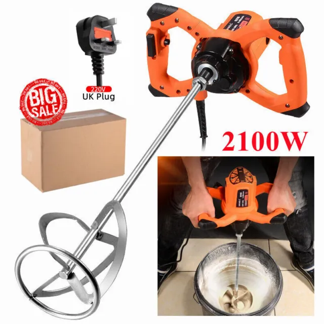 Electric Plaster Paddle Mixer Drill Mortar Paint Cement Stirrer Whisk UK 2100W