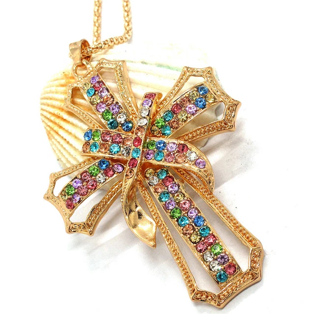 Hot Colored Rhinestone Cross Bling Crystal Pendant Betsey Johnson Chain Necklace
