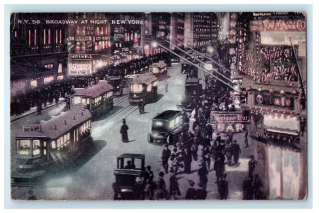 c1910 Bar, Movie, Trolley, Crowds, Broadway at Night New York NY Postcard