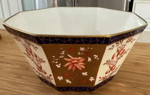 Antique Wedgwood Octagonal Bowl Asian Floral God,  Orange Dark Blue Early 1900's