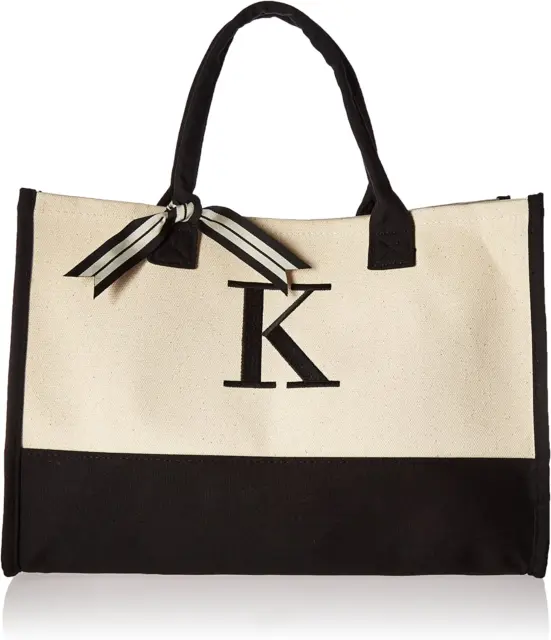 Mud Pie Classic Black And White Initial Canvas Tote Bags (K), 100% Cotton, 17" x