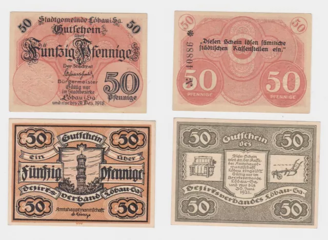 2 x 50 Pfennig Banknoten Notgeld Stadtgemeinde & Bezirksverband Löbau (152705)