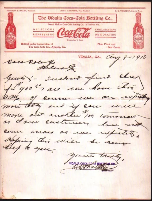 1910 Vidalia Coca Cola Bottling Co - Ga - Herbert F Haley - Letter Head Bill