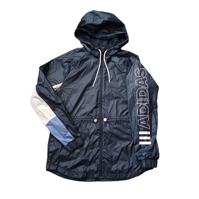 Adidas Jacket Womens Small Navy Blue Rain Windbreaker Full Zip Hooded Pockets