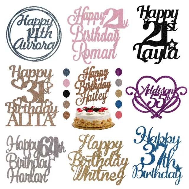 Personalised Cake Topper Custom Any Age Name Happy Birthday Party Glitter Gold