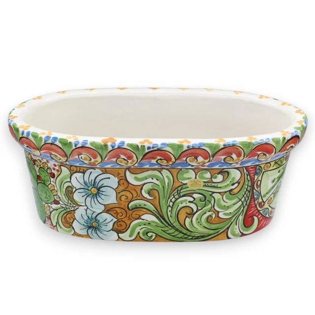Cassetta vaso ovale Ceramica Caltagirone, L 40 x 22 x 17 cm ca. decoro barocco,