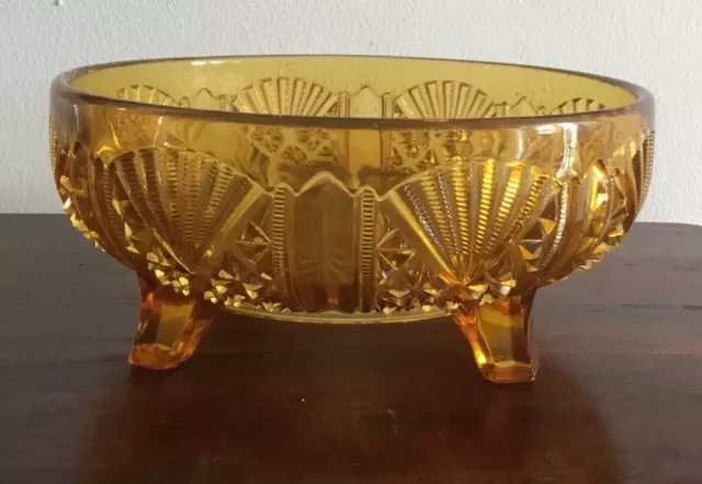 Gorgeous Vintage Art Deco Fan Pattern Footed Amber Glass Bowl