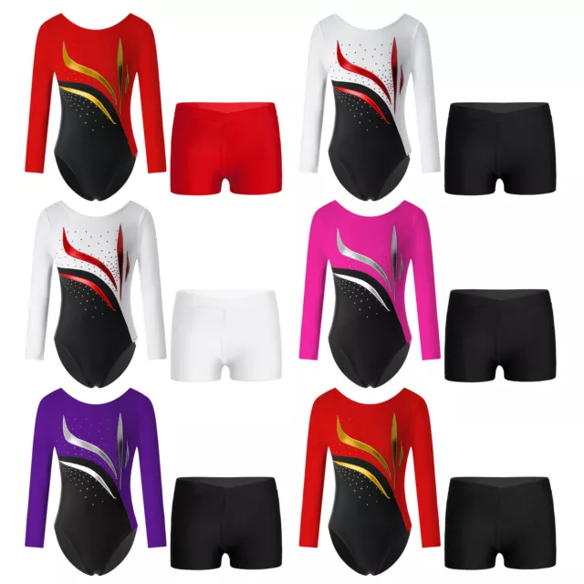 Kids Girls Long Sleeve Ballet Leotard with Shorts Gymnastics Dancewear Costume