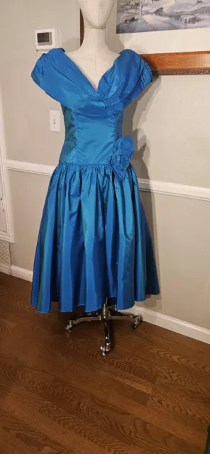 Vintage 1980s Blue "Sharkskin" High Low 1980s Prom Dress As Pictured