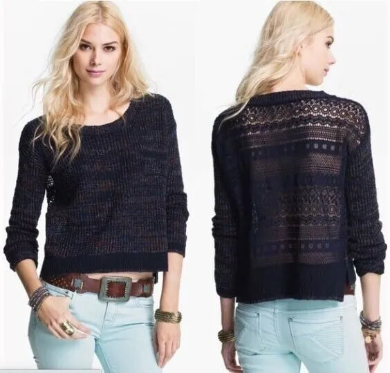 NAVY BLUE BOHEMIAN Sweet Jane Floral Lace Back Pullover Sweater By Free ...