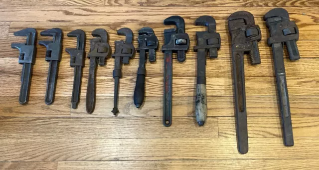 Antique Vintage Lot of Ten (10) Pipe Wrenches Most Marked