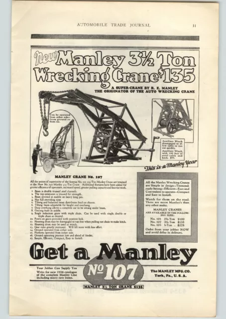 1926 Paper Ad Manley 3.5 Ton Tow Truck Wrecking Crane  York PA