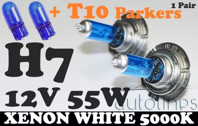 2x H7 12V 55W Xenon White 5000k Car Head Light Lamp Globes Bulbs + T10 Parkers