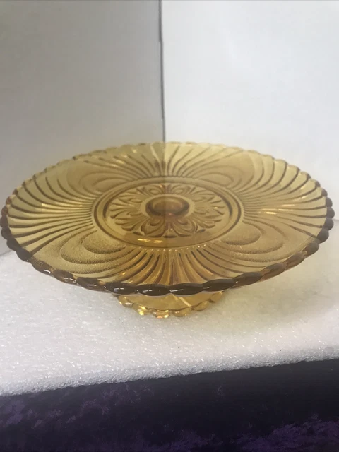 Brockway Nouveau Amber Glass Footed Cake Stand 10” Beautiful Amber Color
