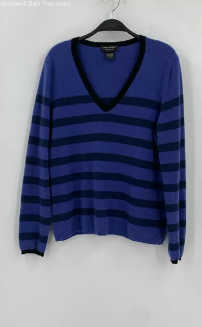 Lord & Taylor Womens Blue Striped Cashmere Long Sleeve Pullover Sweater Size XL