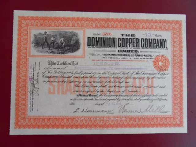 Lot De 2 Certificats The Dominion Copper Company /Deco /1906-1907