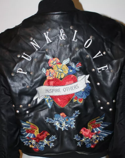 ZARA BASIC BLACK Faux Leather PUNK & LOVE Bomber Jacket XS Birds Heart  £77.54 - PicClick UK