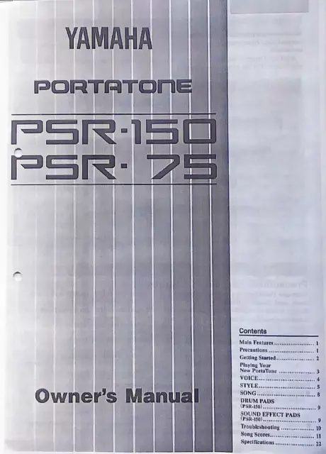 Yamaha PSR-150 and PSR-75 Digital Keyboard Owner's Manual Booklet, Reproduction.
