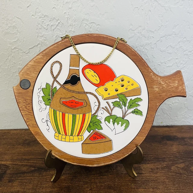 Vintage Wood Tile Cheese Board A with Chain Made In Japan Wine Cheese Garlic