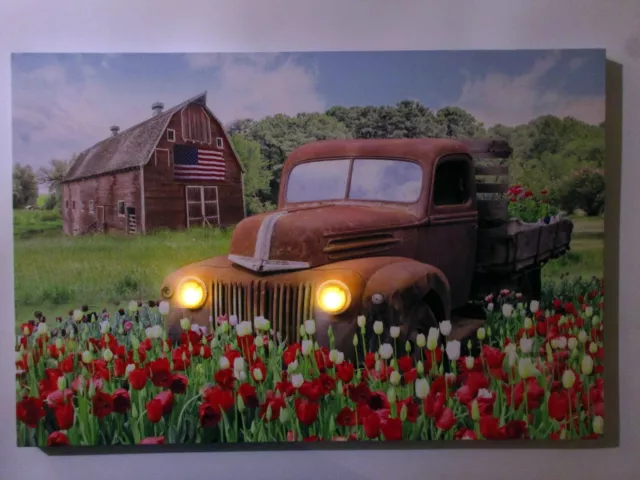 Rusty Farm Truck LED Headlights Picture Home Decor Ford Truck Old Barn Tulips