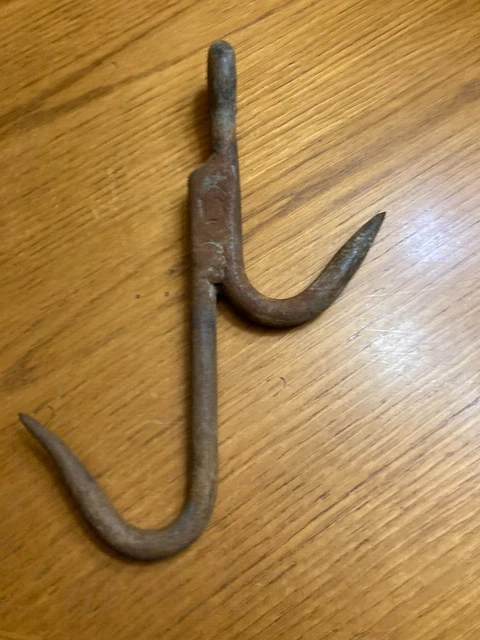 antique primitive hand forged 2 prong meat hook