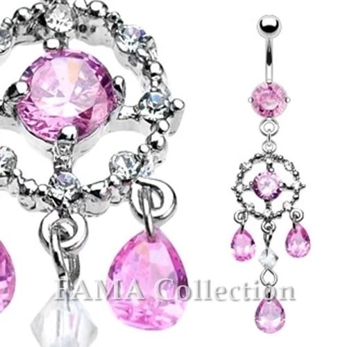 FAMA Dream Catcher Gem Paved and Tear Drop CZ Dangle Navel Belly Ring