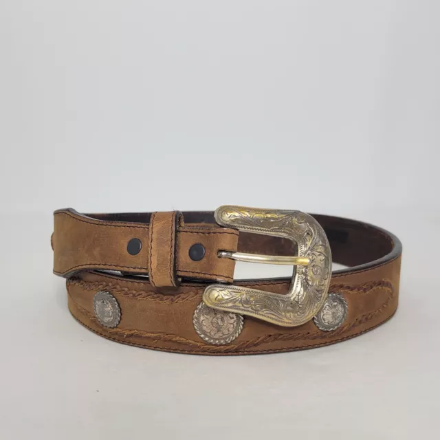 Womens Size 36 Justin Top Grain Cow Hide Western Concho Leather Belt Brown