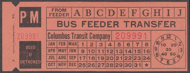 COLUMBUS TRANSIT COMPANY Bus Feeder Transfer 1950 OH £9.25 - PicClick UK