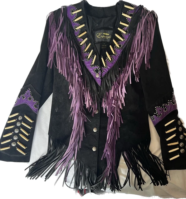 Women Leather Expressions Black/Purple Fringe Bone Hairpipe Jacket Size 6