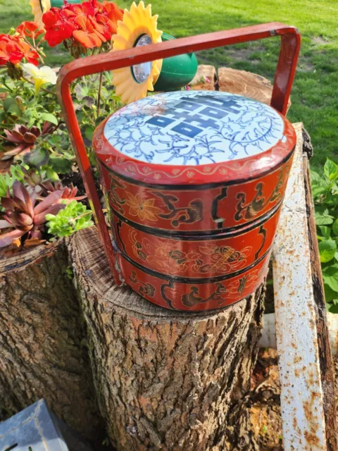 1920s Antique Chinese Red Lacquer Stacking Box Blue WHT Porcelain Wedding Basket