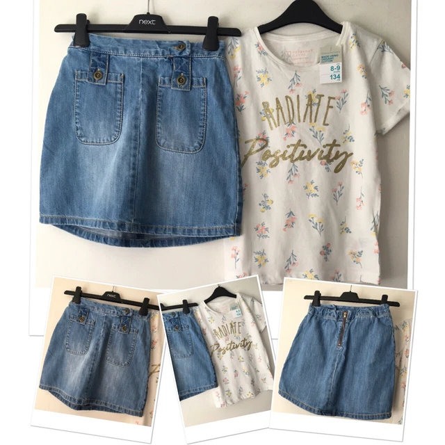 Next Girls Light wash Denim Skirt & New Tags Prk Positivity Floral Top 8-9 Years