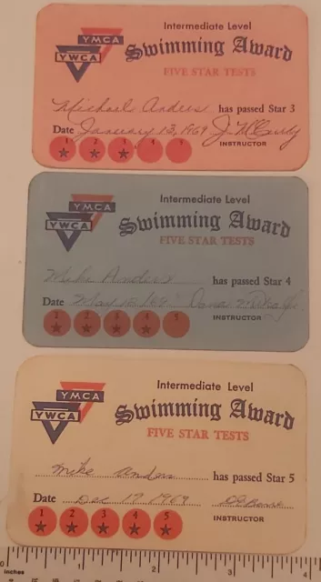 Rare 1969 Set Of Three (Toronto) "Ymca/Ywca Swimming Award - 5 Star Tests" Cards