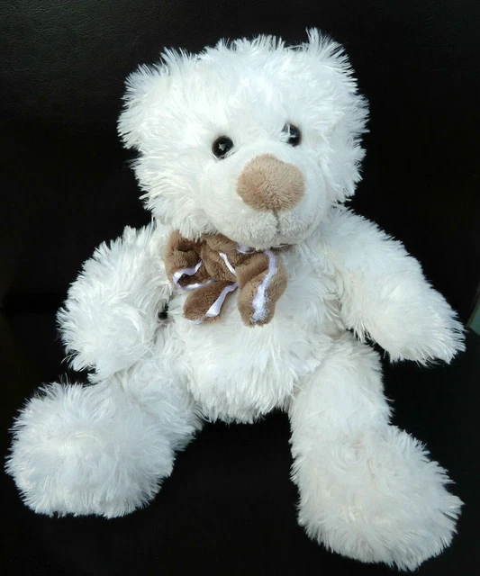 J6. DOUDOU PELUCHE OURS BLANC ECHARPE NEZ MARRON BEIGE CMP? 20cm ASSIS ETAT NEUF