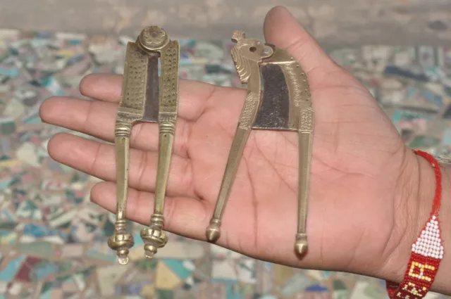2 Pc Vintage Brass Unique Shape Solid Handcrafted Engraved Betel Nut Cutter