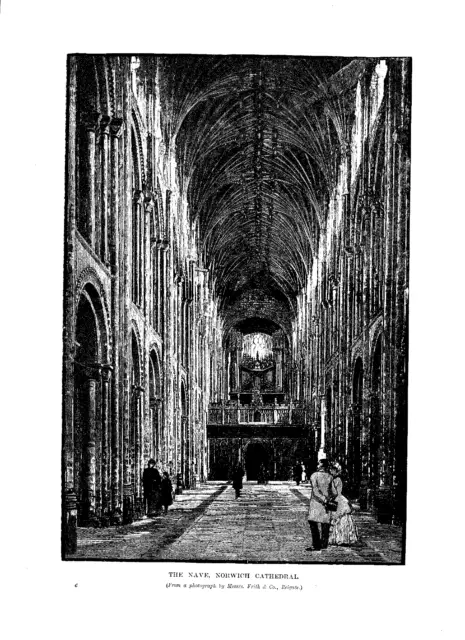 1880er Jahre antike Stahlgravur des Schiffes, Norwich Cathedral.