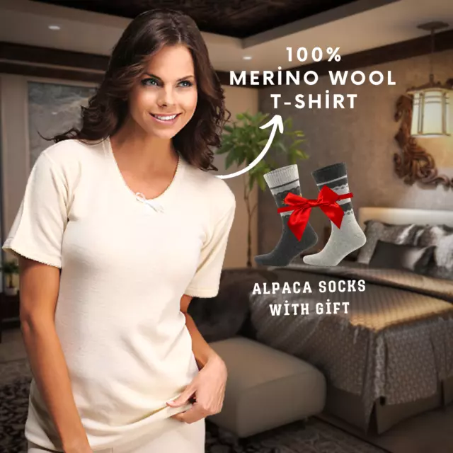 Camicia a maniche corte da donna in lana merino naturale %100 - T-shirt termica