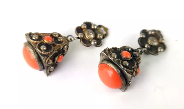 Antique Vintage Etruscan Revival Silver Metal & Coral GLASS Italy Clip Earrings