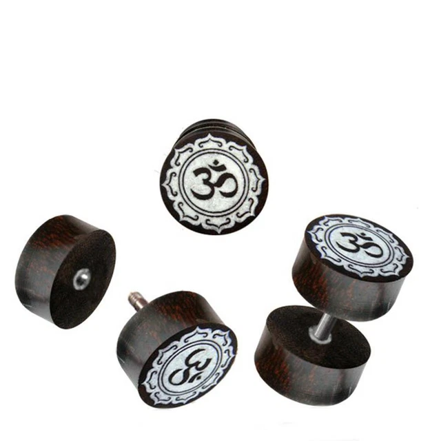 Fake Wood Plug Tamarinde Bone Inlay Flower of Life Stainless Steel Organic