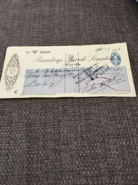 Vintage Barclays Bank Used Cheque 1928 Payable To The Northern Assurance Coy Ltd