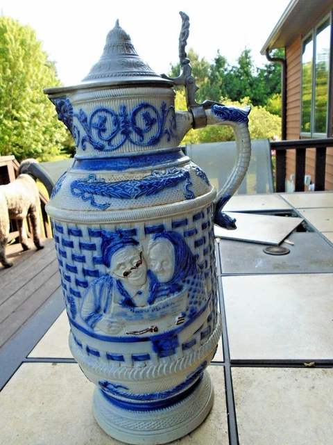 Hugh White's Utica Stoneware Cobalt Decorated Stein; 8 1/2 Lbs ; 17" Tall Great