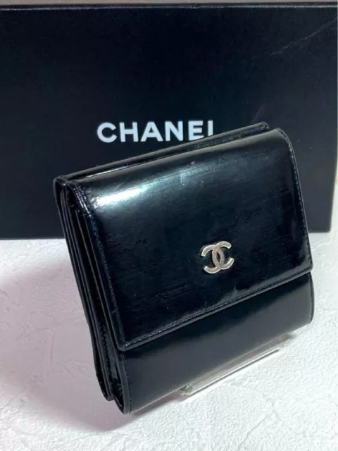 Chanel Trifold Wallet Purse Card Coin Bill Case Black Patent Leather without Box