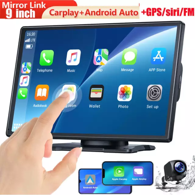 Portable 9 Inch Car Stereo Radio For Wireless Apple Carplay&Android Auto GPS+Cam