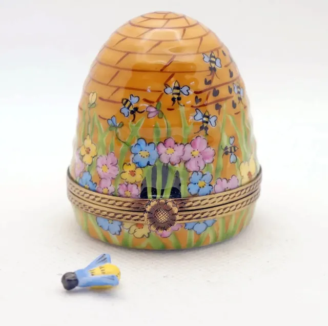 New French Limoges Trinket Box Beehive w Colorful Flowers & Removable Honey Bee