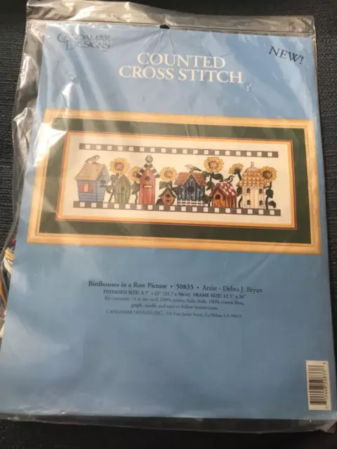 New Candamar Designs BIRDHOUSES IN A ROW Counted Cross Stitch Kit 50833 8.5x22”